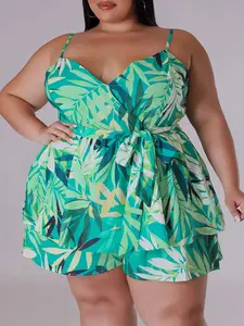 Plus Size Summer Leaf Print Set, Casual Vacation Must-Have, Sexy Comfortable Two-Piece, Sleeveless Camisole and Shorts, Boho Style