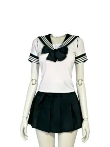 JK School Uniform Cosplay Outfit Adult Roleplay Costume Cute, Preppy Anime Style Fitted Striped Short Pleated Skirt Set Sailor Collar Top Kawaii Japanese Inspired Party Wear Comic Con Halloween Performance Outfit for Women Cosplayers Performers