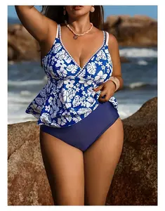 Plus Size Tankini Set Women, Chic Print Spaghetti Strap Swimsuit, Slimming Swimwear for Beach, Pool, Vacation - Adjustable Straps, Comfortable Fit