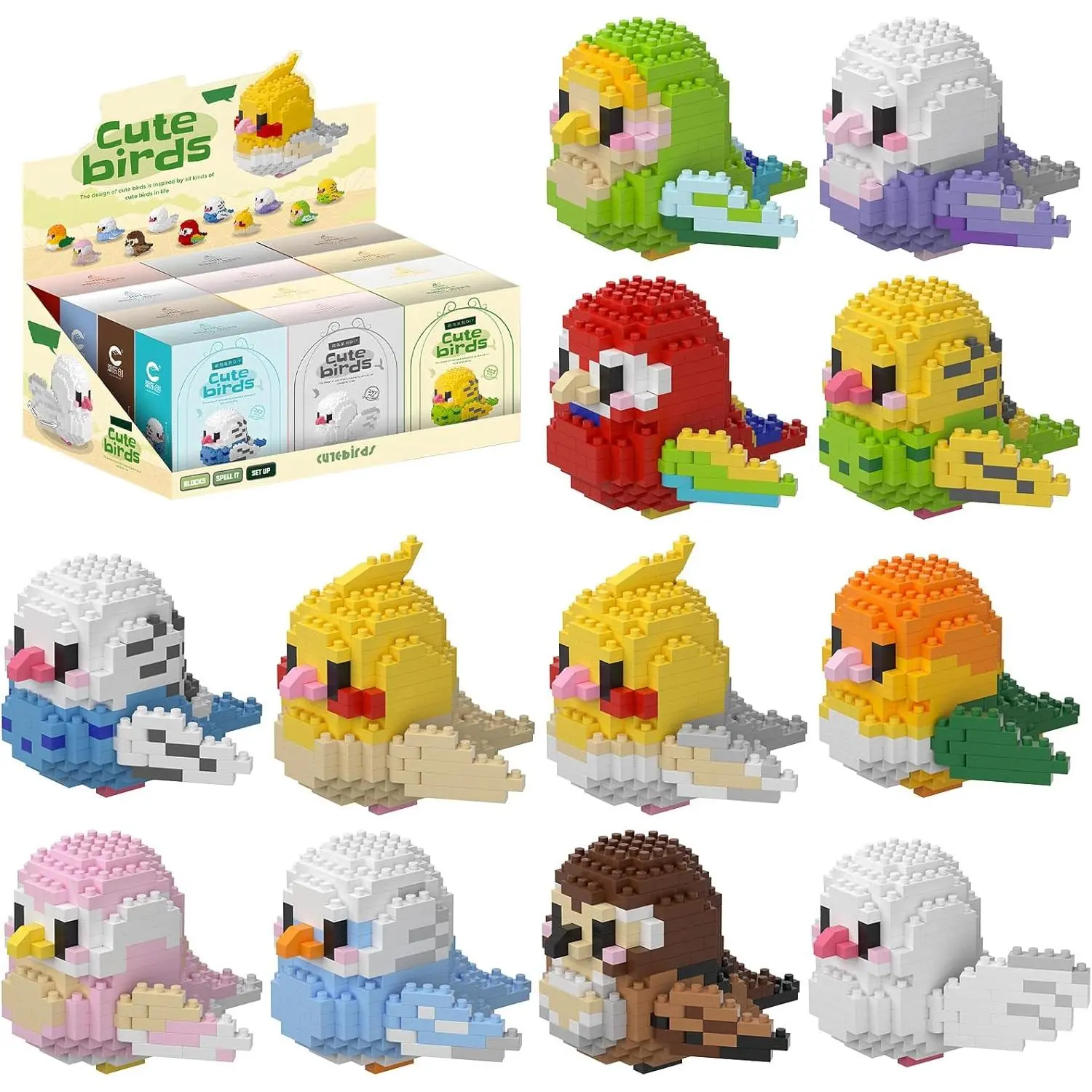 12 Pcs Mini Animal Building Blocks Set Colorful Bird Figure Bricks DIY Diorama Kit for Kids Educational Creative Toy Party Favors Gift Box for Boys Girls Age 6 8 9 10