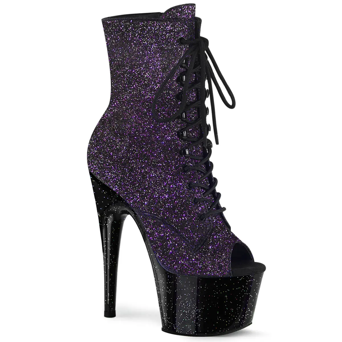 Women's Statement High Heels in Purple Glitter, 7-Inch Stiletto Platform with Peep Toe, Lace-Up and Side Zip, Heeled, Footwear, Elegant