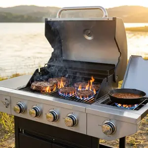 Propane Gas Grill 4-Burner Barbecue with Side Burner 46500 BTU Stainless Steel Outdoor Cooking Station for Backyard Patio and Garden Heavy Duty BBQ Grill with Wheels Temperature Gauge Black and Silver Finish