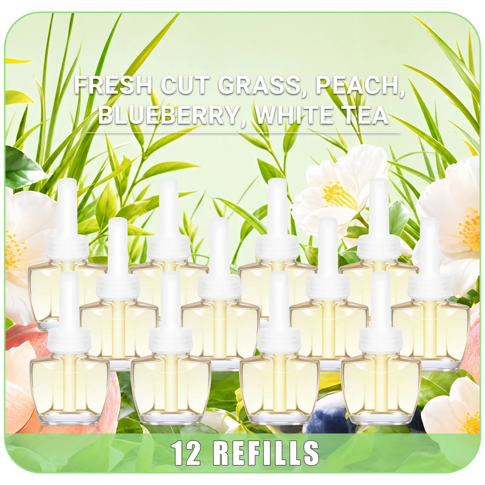 Plug-In Air Freshener Refills, 12-Pack 0.66 fl oz Aroma Blend Scented Refills - Fruit & Fresh Cut Grass, Peach, Blueberry, White Tea Scents, Long-Lasting, Scent Layering, Fresh and Clean Incense, Maintains Freshness, Compatible with Air Wick & Glade