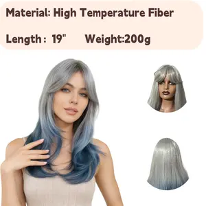 Blue & White Ombré Short Wig — Women's Straight Bob Wig with Bangs, Synthetic Material, Suitable for Daily Wear (Includes Wig Cap)