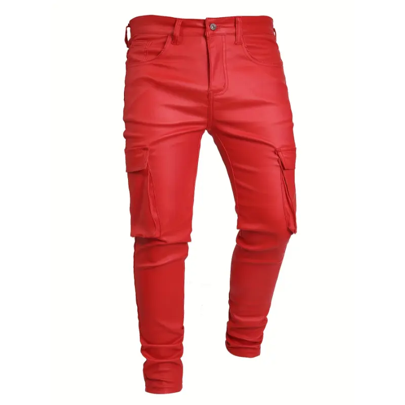 European and American gothic style dark rock motorcycle leather pants men's casual American cargo pants red PU leather straight-leg trousers