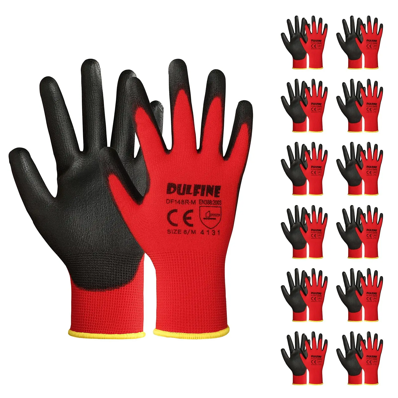 12 Pairs PU Coated Safety Work Gloves Red Seamless Knit with Smooth Grip Palm Ideal for General Duty Work for Men and Women Size Large