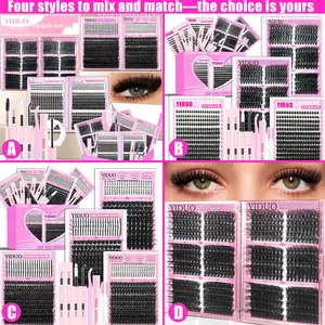 YIDUO 13 Styles Fluffy Eyelash Clusters Kit, Diy Volume Eyelashes 50D,60D,80D,100D 5-20mm Cluster Eyelash Extension Kit 1614 Pcs D-Curl With Lash Bond and Seal, Lash Remover, Lash Tweezers