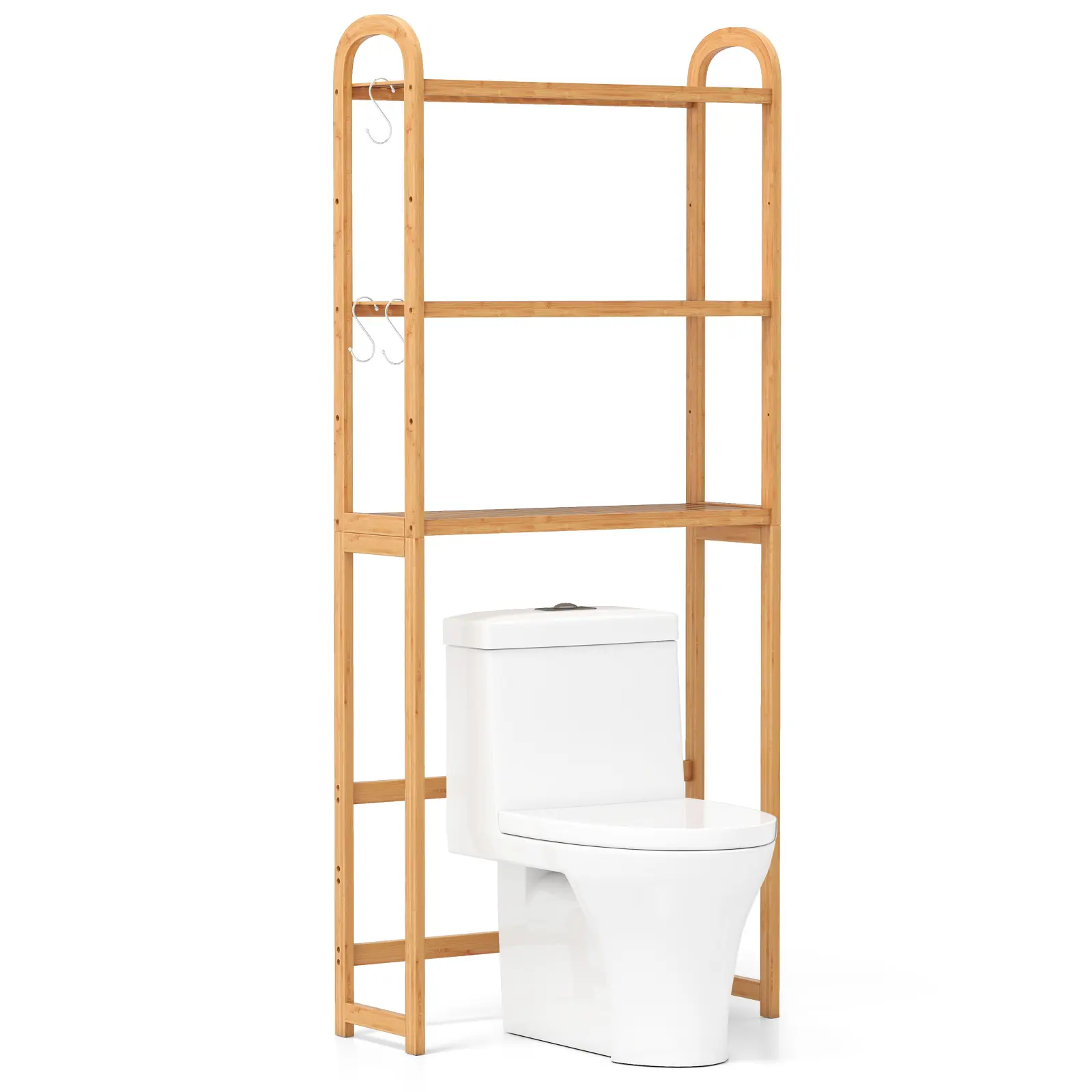 COSTWAY - 3-Tier Bamboo Bathroom Floor Organizer with 5-Position Shelves and 3 Hooks-Natural