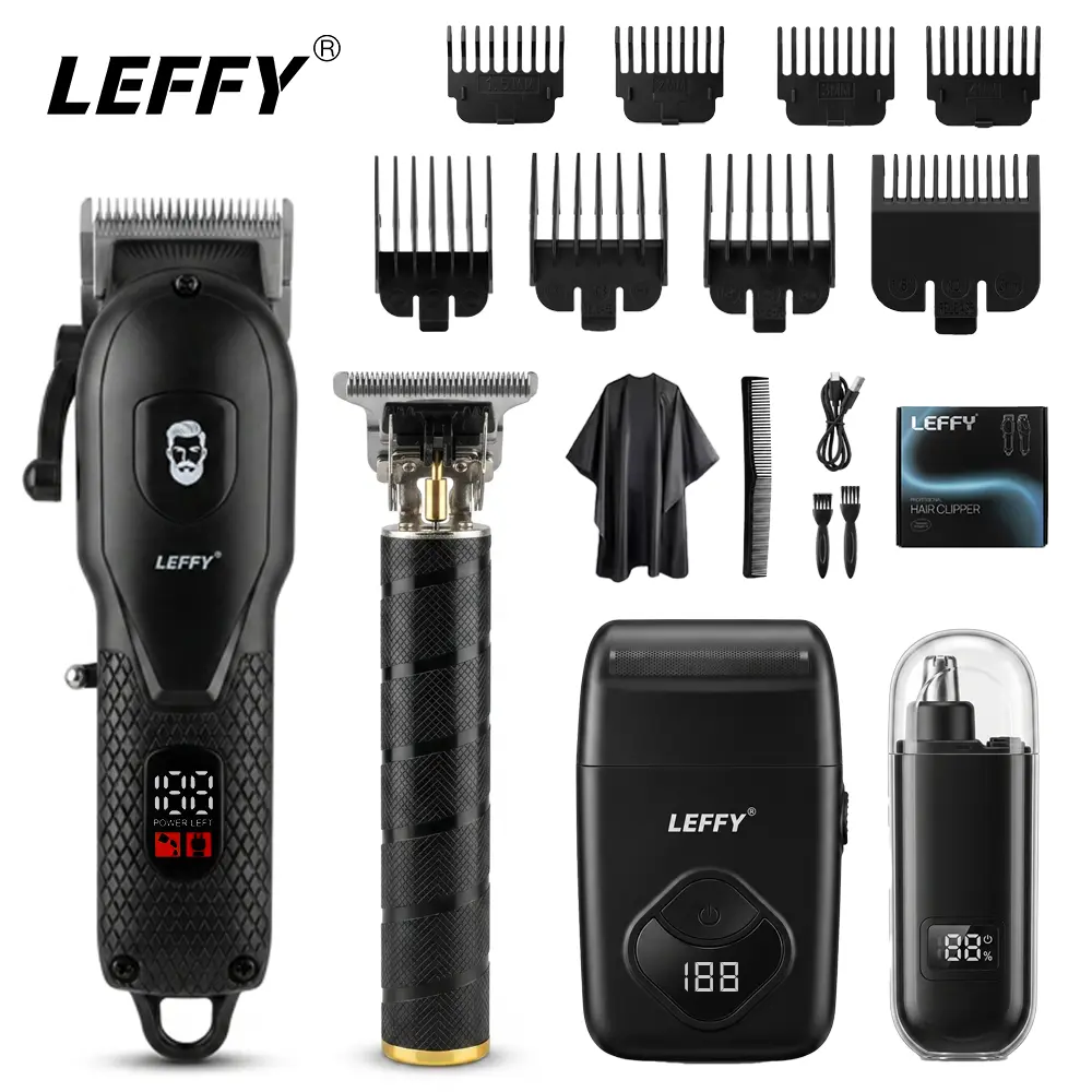 LEFFY 4-Piece Cordless Rechargeable Hair Clipper Gift Box Set for Men & Adults, Professional Barber Clippers with Self-Sharpening Blades, 5 Attachments, 5000-7500 rpm, 2-3 Hrs Charge for 80±180 Mins Use, USB Charging, Salon, Titanium, Usb Port
