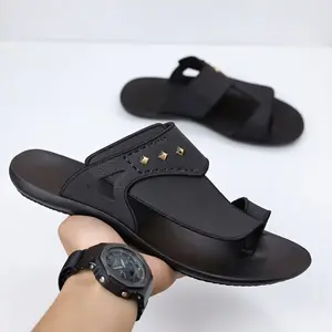 Men's Black Gold Studded Slide Sandals - Comfortable Thong Slippers with Pyramid Rivets for Summer Street Style