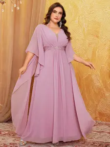 Women's Plus Size V-Neck Embroidered Dress, Elegant A-Line Formal Party Gown, High Waist Sequined Design, Pure Color Chiffon Bridesmaid Dress