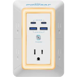 Multi Plug Outlet Surge Protector -  5 Outlet Extender with 4 USB Ports(2 USB-C PD 20W) and Night Light, 3-Sided Power Strip with Adapter Spaced Outlets - ETL, White