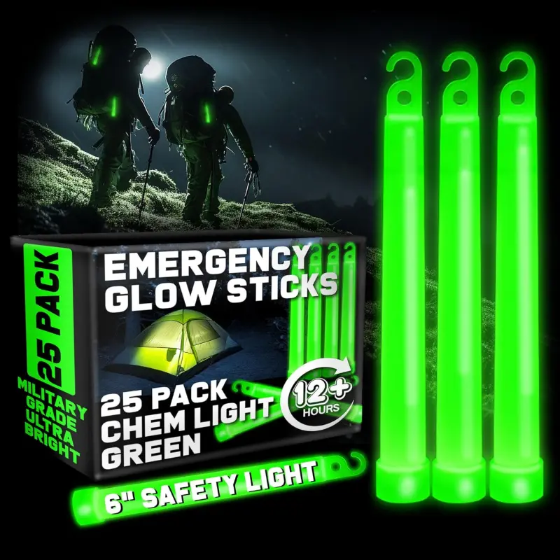 PartySticks Green Glow Sticks - 6in, 25 Pack Military Grade 12 Hours Emergency Chem Lights for Survival Gear, Emergency Preparedness, Nontoxic & Safe and Fun for Kids, Outdoor Adventures, Non Leaking, 360-Degree Bright Illumination, Large, Glowing, Boatin