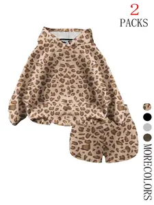 Women's Fall Winter Hooded Long Sleeve Sweatshirt Set, Casual Loose-Fit Drawstring Pullover, Leopard Print Pocket Design, Fashionable Gym Shorts Included, Sweatsuit Set Outfit, Womenswear