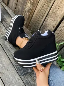 New Thick Sole Platform Shoes, Lace-Up Elevator Canvas Sneakers, Trainer, Fashionable Casual Style, All-Season Textile Upper, Rubber Sole Material
