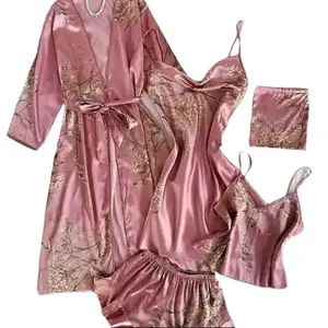 Women's 5-Piece Aesthetic Satin Silk Sleepwear Set - Style-Infused Camisole, Robe, Strappy Top, Pants & Shorts for Light, Silky Luxury Lounging