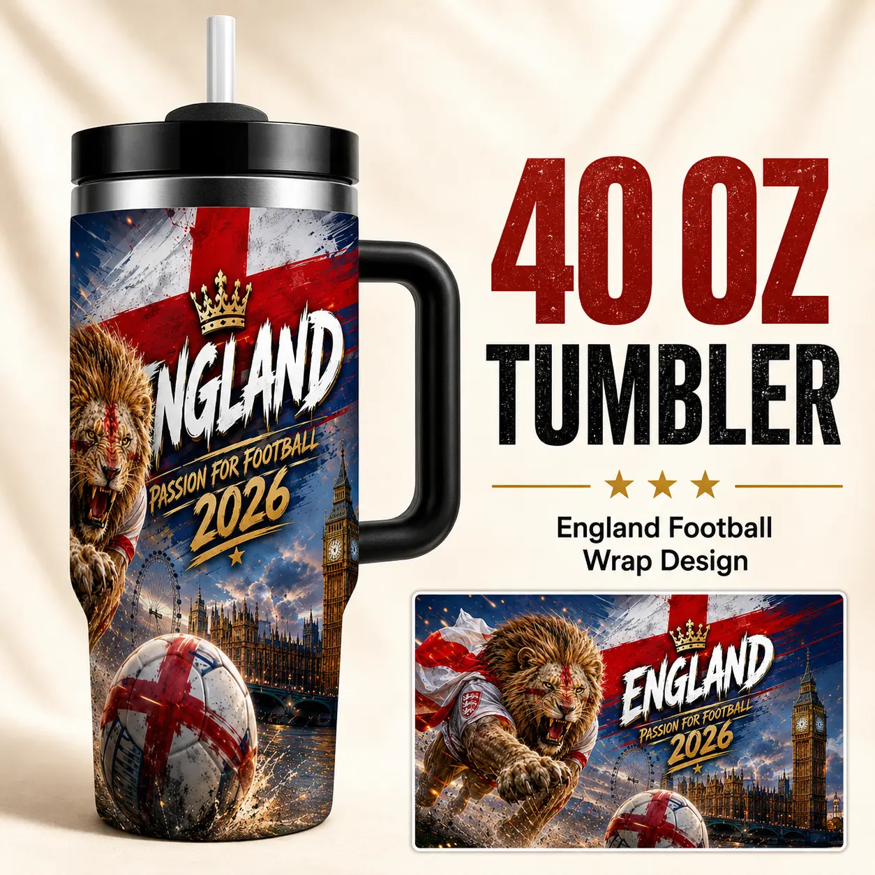 40 oz England Soccer Inspired Tumbler with Handle and Straw, Stainless Steel Vacuum Insulated Travel Mug, 2026 Lion Football Wrap Cup, BPA-Free Splash-Resistant Lid, Cup Holder Friendly for Car, Home, Office, Outdoor Gifts