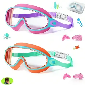 Kids Swim Goggles 2PCS with Nose Cover, Anti-Fog & UV Protection, Wide View Swimming Goggles for Pool