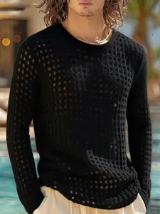 Summer European Men's Mesh Sports Top, Hollow Out Transparent Knitwear, Long Sleeve T-Shirt, Breathable and Comfortable, Sports Clothing