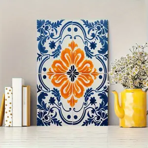 1 Piece Portuguese Azulejo Tile Art Painting - Navy Blue Orange Flower Pattern - Vintage Portuguese Ceiling or Wall Decoration - Living Room, Kitchen, Office Ready-to-Hang Frame Painting - Housewarming Gift or Christmas Gift - CL599, Wall Decoration Artwo