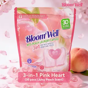 BloomWell Miss Peach Laundry Pods, 30 Pcs/Bag, 1 Bag/4 Bags 3-in-1 Laundry Pods, Peach Scent, 3D Lock-In Fragrance Microcapsule Technology Laundry Beads, Deep Cleaning, HE Compatible