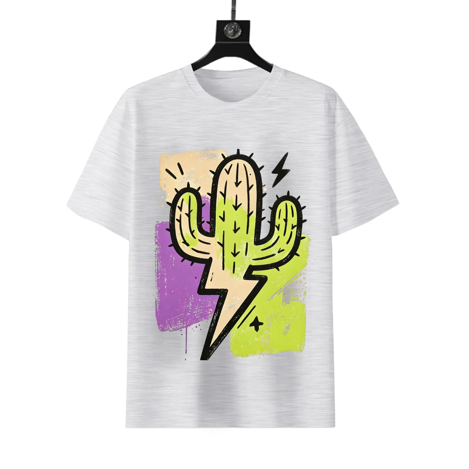 Men's 190g Chief Value Cotton Fitted Crew Neck Short-Sleeve T-Shirt - Light Gray, Retro Cactus Lightning Graphic Print, Casual Streetwear Affordable Tee