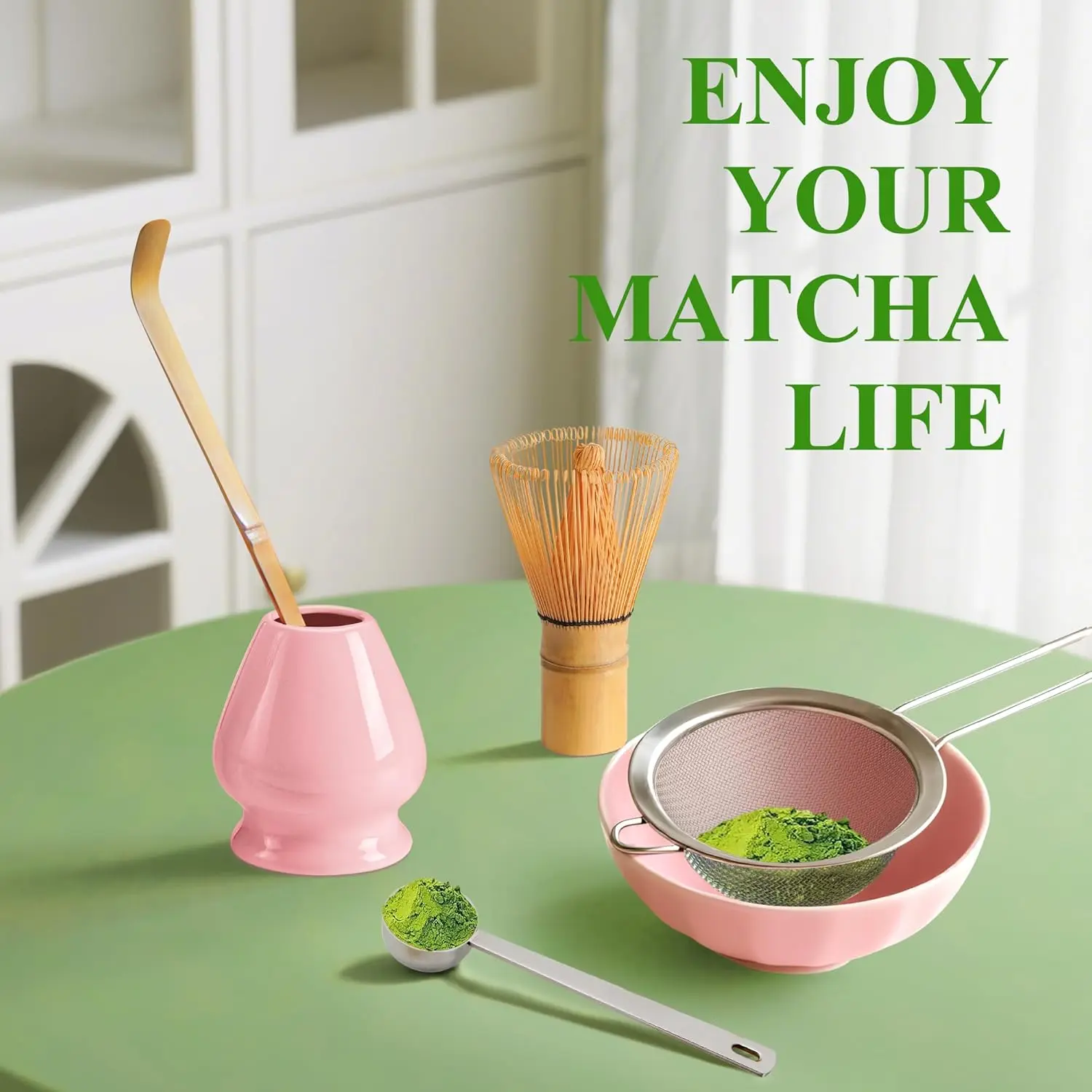 Solid Pink Traditional Japanese Matcha Tea Set - Complete Kit (Set of 5) with Bamboo Whisk, Ceramic Holder Stand, Sifter, Scoop - Essential Kitchen Tools for Whisking, Bamboo Whisk For Matcha Tea, Chasen Matcha Whisks