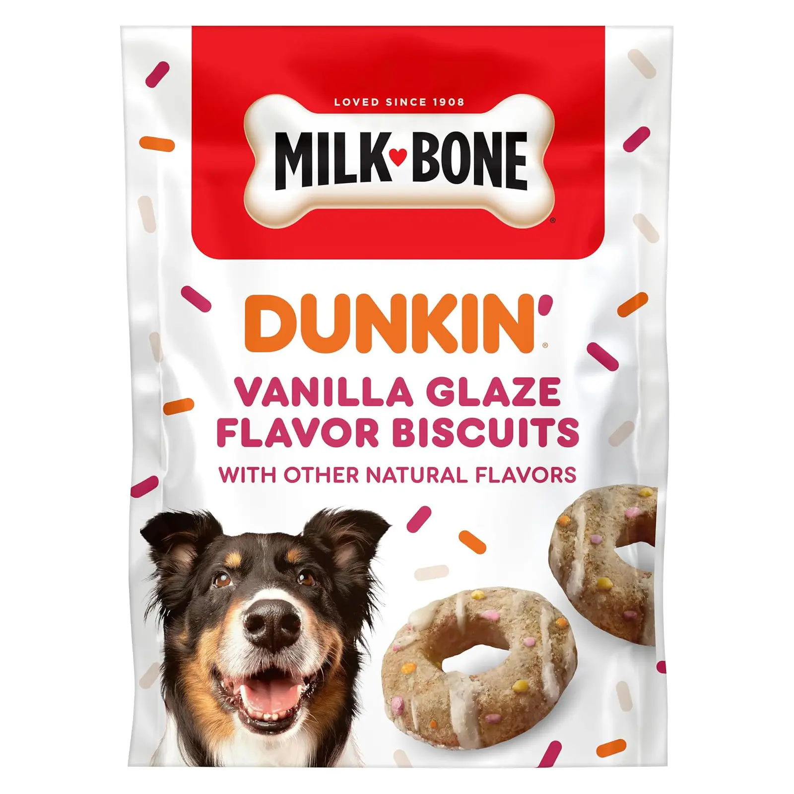 Milk-Bone Dunkin’ Vanilla Glaze Flavor Dog Biscuits, 8 Oz. Vanilla glaze flavor with other natural flavors, Donut-inspired dog treats