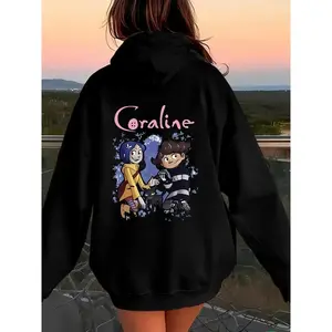 Women'S Coraline Cartoon Print Hoodie, Casual Polyester Pullover with Drawstring, Knit Fashion Sweatshirt for All Seasons boyfriend christmas gifts my state outfit quarter zips tiktok shop