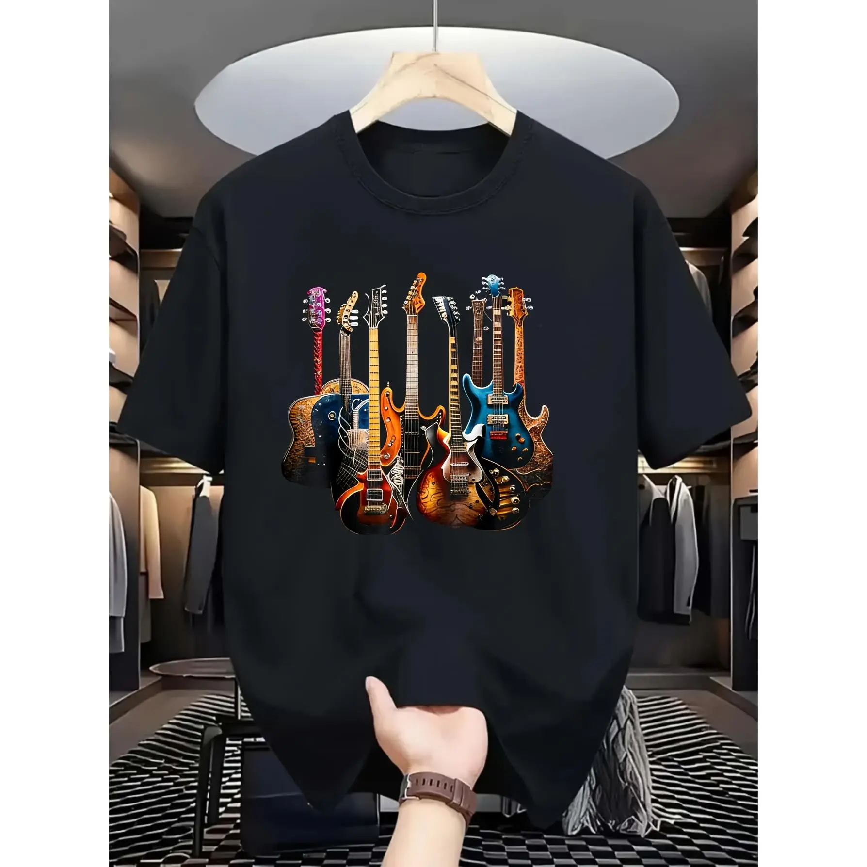 Men's Classic Soft Vintage Guitar Print Crew Neck T-Shirt - Thick Pure Cotton Short Sleeve Casual Streetwear Top for Joggers, Year-Round Wear