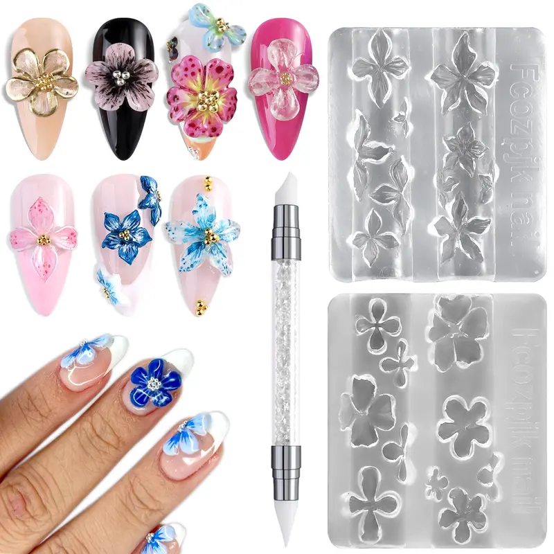 Fcozpjk Silicone Nail Art Molds, 2PCS 3D Flowers Nail Charm Molds with Carving Pen Clear Modeling Templates Hibiscus Flowers Cherry Blossom Nail Design Molds for Resin Epoxy Professional Supplies