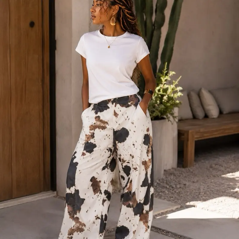 Western Style Cowhide Print Curved-Leg Jeans for Women | High Waist Barrel Leg Denim Pants