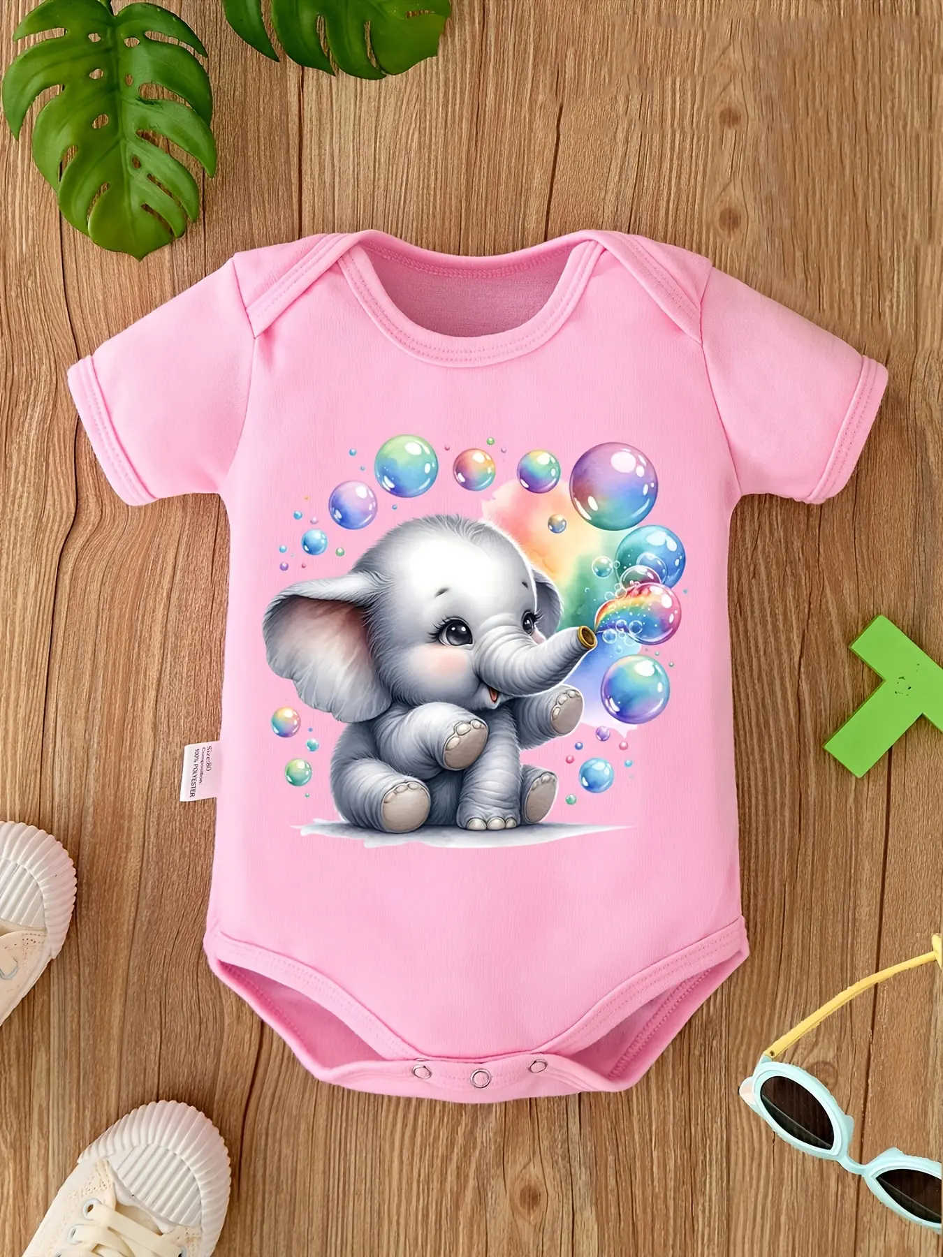 Baby Girls' Cute Elephant Blowing Bubbles Short Sleeve Pink Bodysuit, Watercolor Newborn Romper