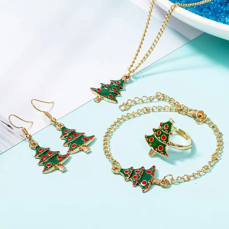 Christmas Tree Design 5PCS Set Cute Santa Oil Dripping Alloy Ring Earring Bracelet Necklace Combination Set