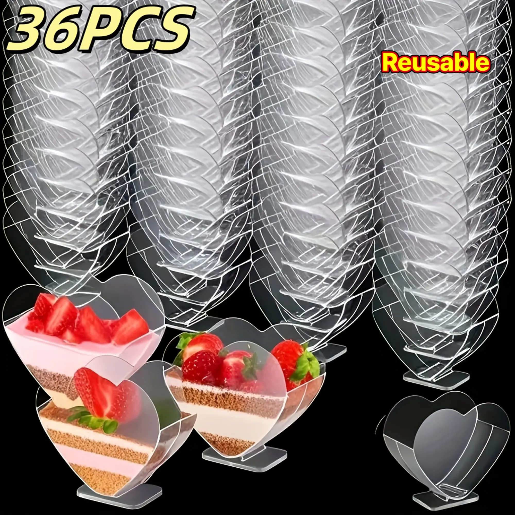 Set of 36 Reusable Heart-Shaped Goblets, Mousse Cups, Double Heart Cups, Clear Dessert Cups, And Ice Cream Cups, Essential for Weddings, Party Supplies
