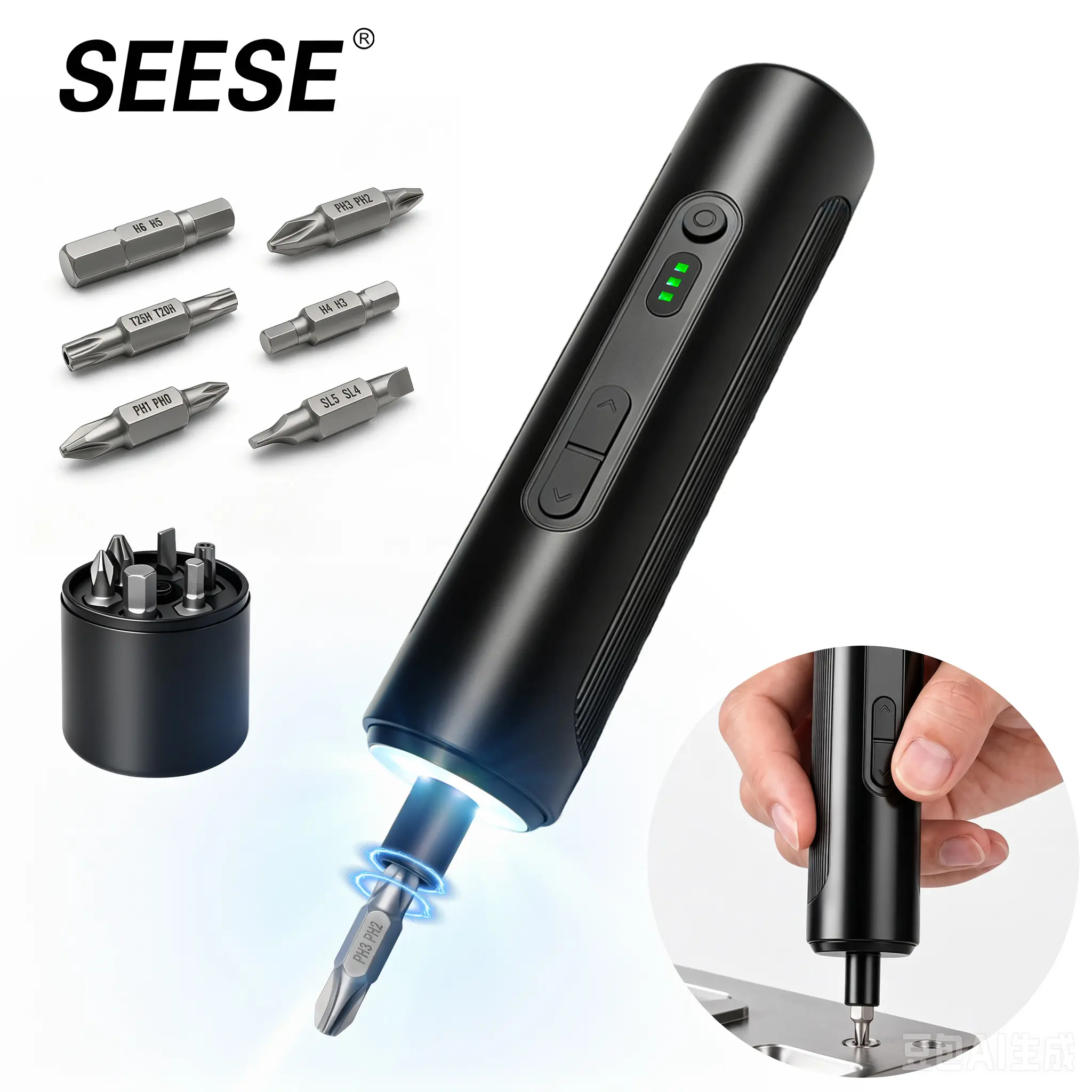 SEESE 6-in-1 Electric Screwdriver with 250 RPM Motor, 3 Torque Settings, 1.2 to 5 N·m, 6-Piece Set Bits , LED Light , 1500 mAh Rechargeable Cordless Screwdriver Set for Furniture, Household Multipurpose Tool Repair