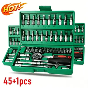 【SummerVibes】46/53pcs 1/4 Inch Drive Socket Ratchet Wrench Set, With Bit Socket Set Metric And Extension Bar For Auto Repairing And Household, With Storage Case,Gift for Man,Husband,Springtok Tool Box Hardware