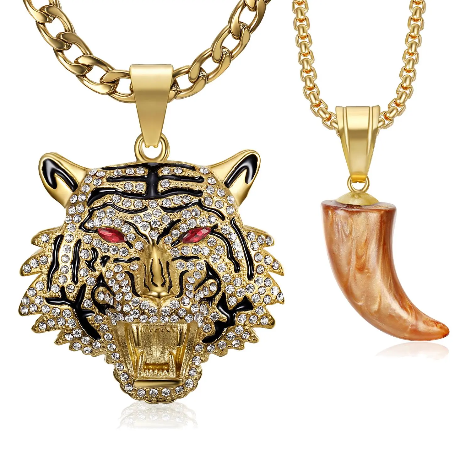 18K Gold Plated Tiger Head with Red Eyes Tooth Pendant Punk Rock Stainless Steel Necklace, 24 Inch 7mm Layered Chain for Men Hip Hop Animal Jewelry Exquisite Trendy Pendant Gold Statement Chain