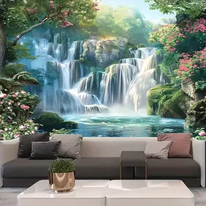 Waterfall Tapestry Nature Landscape Green Plant Wall Hanging for Bedroom Living Room Dorm Decor Polyester Woven Tapestry with Transverse Orientation Home Decoration Art Design