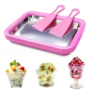 Instant Rolled Ice Cream Maker Food Grade Stainless Steel Tray with 2 Scrapers for Frozen Yogurt Slushies DIY Fun Parent Child Activities Ideal Birthday Gift Pink White