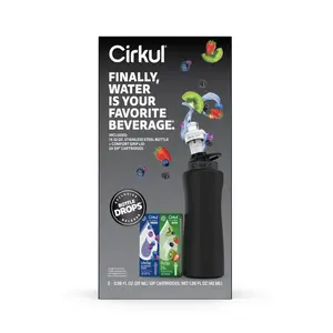 Cirkul 32oz. Matte Black Stainless Steel Water Bottle Starter Kit with Blue Lid, 2 Flavor Cartridges (1 LifeSip Blueberry Grape and 1 GoSip Kiwi Berry), Zero Calories and No Sugar Reusable Cup Vacuum Flasks