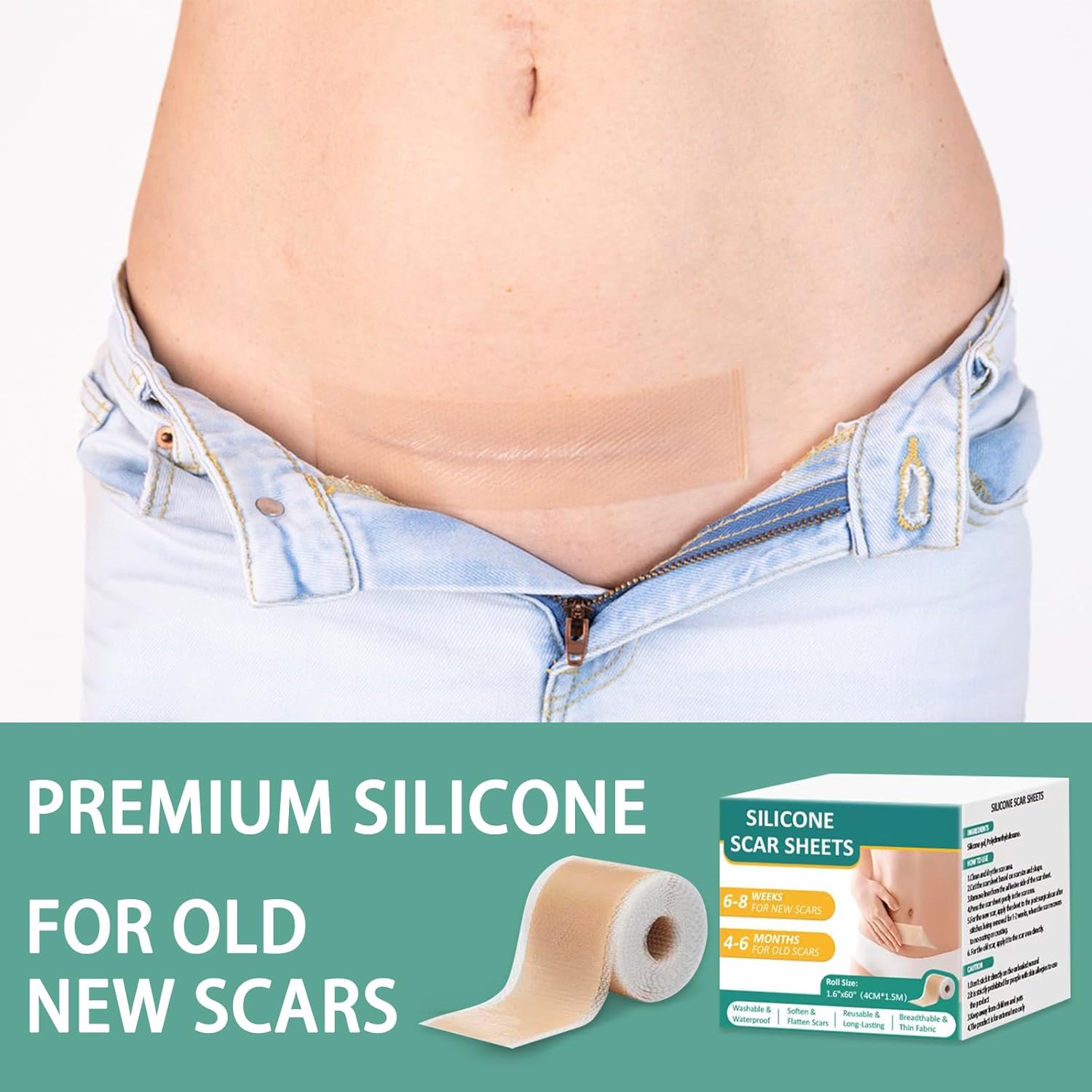 [Buy 1 Get 1 Free]Silicone Scar Sheets (1.6” x 60” Roll-1.5M), Silicone Scar Tape Roll, Cut To Fit Scar Silicone Strips, Reusable, Waterproof Scar Removal Sheets for C-Section, Surgery, Burn, Keloid, Acne et