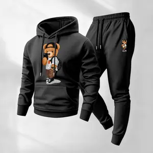 Men's Bear Printed Hooded Sweatshirt And Drawstring Sweatpants Set, Men's Clothing, Casual Long-Sleeved Hooded Jacket And Trousers, Suitable For Autumn And Winter Wear, Men's Everyday Casual Wear, Indoor And Outdoor Sportswear, Tracksuit.