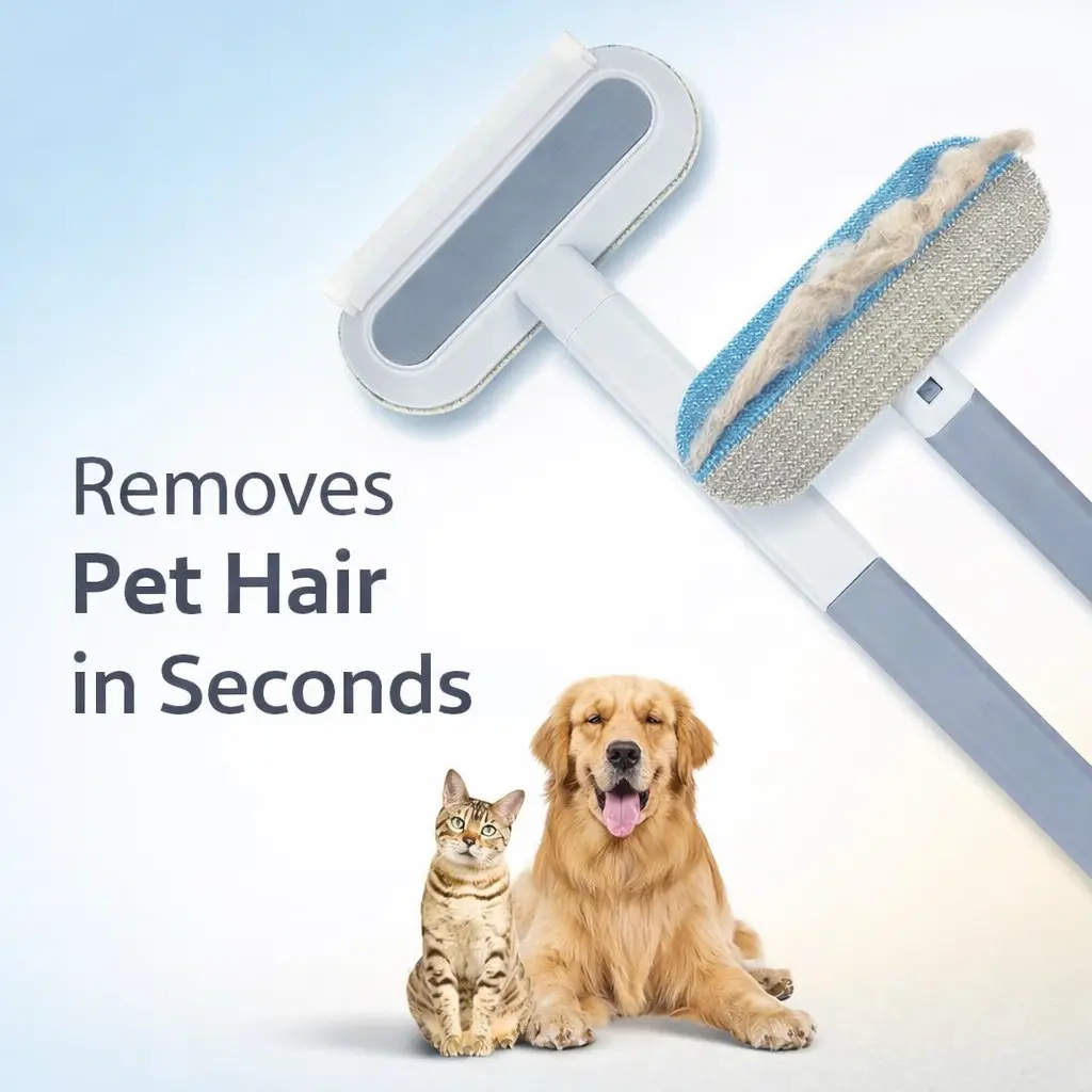 4-in-1 Pet Hair Remover Brush, Reusable Lint Cleaner with Extendable Handle, Dog & Cat Fur Remover for Couch, Sofa, Carpet, Clothes & Car Seats, Reusable Fur Cleaning Tool for Shedding Hair, No Adhesive, Eco-Friendly Pet Hair Removal Tool
