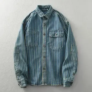 Heavy vintage washed vertical stripe denim shirt men's loose size cotton long sleeve shirt jacket Unique style Quality fabric Fathersdaygift Light Blue