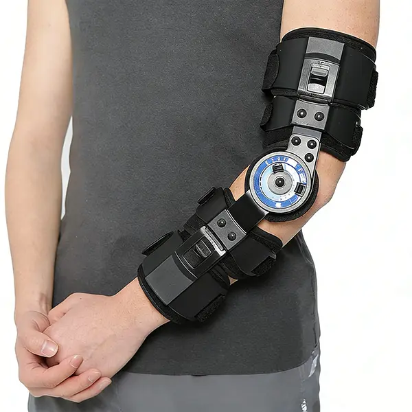 Adjustable Hinged ROM Orthotic Elbow Brace with Anatomy Fit, Supportive Post-Op Arm Splint for Fracture Recovery, 10°-15° Incremental Lock, Breathable Foam, Universal Fit for Men & Women, 10°-15° Steps, Contoured Left/Right Hinges