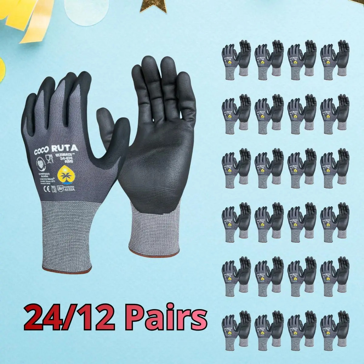 24 Pairs COCO RUTA Gloves/Maxiflex Gloves 34-874 Safety Gloves | Guantes Para Trabajo - Maxi Flex Gloves For Men Nitrile Micro Foam Grip Palm Comfortable Fit Construction Gear