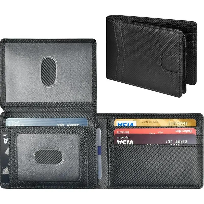 Men's Bifold Wallet, Slim Carbon Fiber Leather Wallet with RFID Blocking, Lightweight Minimalist Design with 2 ID Windows for Father's Day, Casual, Korean, Retro, Business, Elegant, Everyday Carry, Faux Leather, Card Slots, Modest, Slim Profile, Foldable