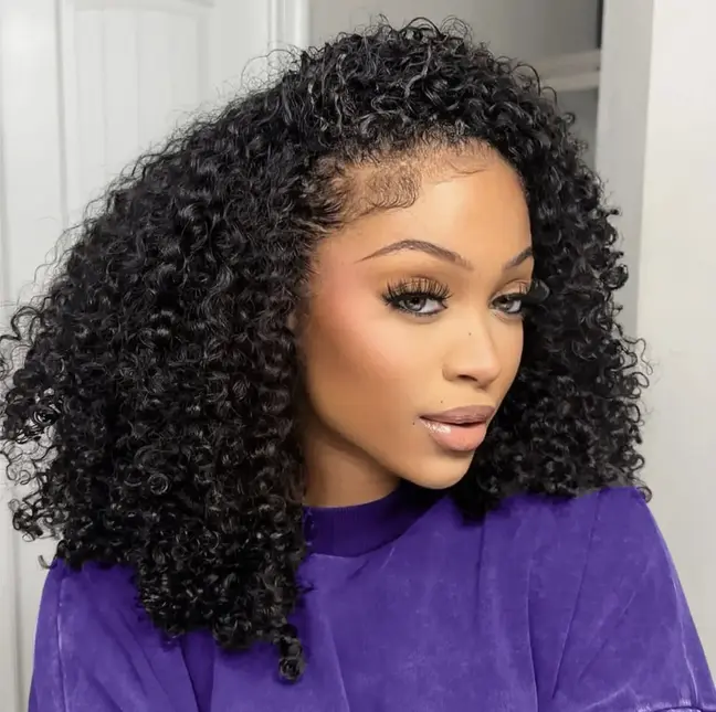 [New Upgrade Half Wig] Hot Star Half Wig Human Hair Kinky Curly Upgrade T1B/4 Color Human Hair Wig V Part Shape Clip In Half Wigs Burmese Curly for Women With Adjustable Drawstring Wig Beginner Friendly