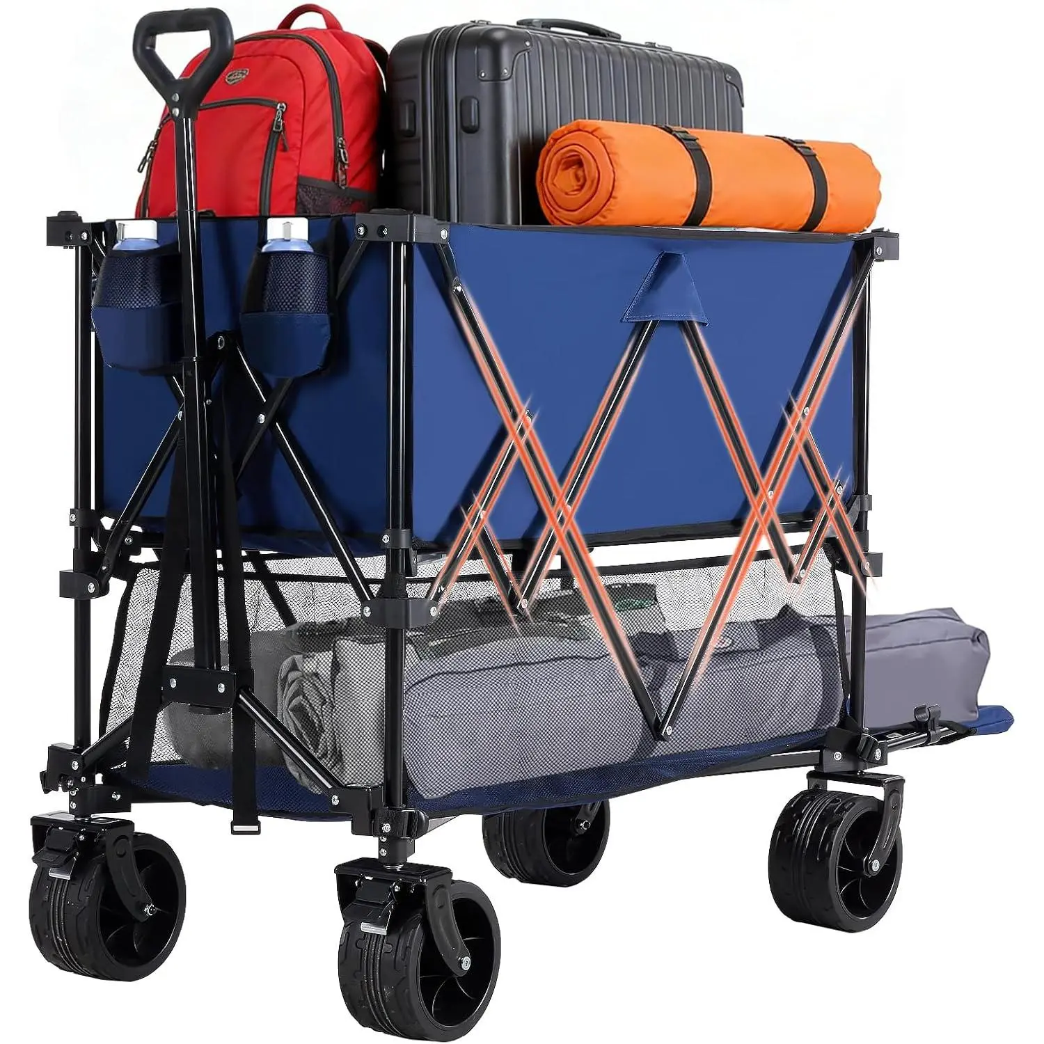 Double Decker Collapsible Wagon – 51" Long, 440 lbs Capacity, All-Terrain Wheels, Foldable Utility Cart for Garden, Beach, Camping, Shopping (Black/Blue/Gray)